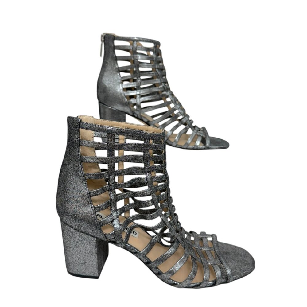 Karl Lagerfeld Paris Jasmint Leather Metallic Cage Sandals Women's size 7.5